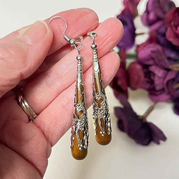Earrings, Rich, wooden drop  wrapped in silvery filigree  cover. New. Length 2” - Picture 4 of 4